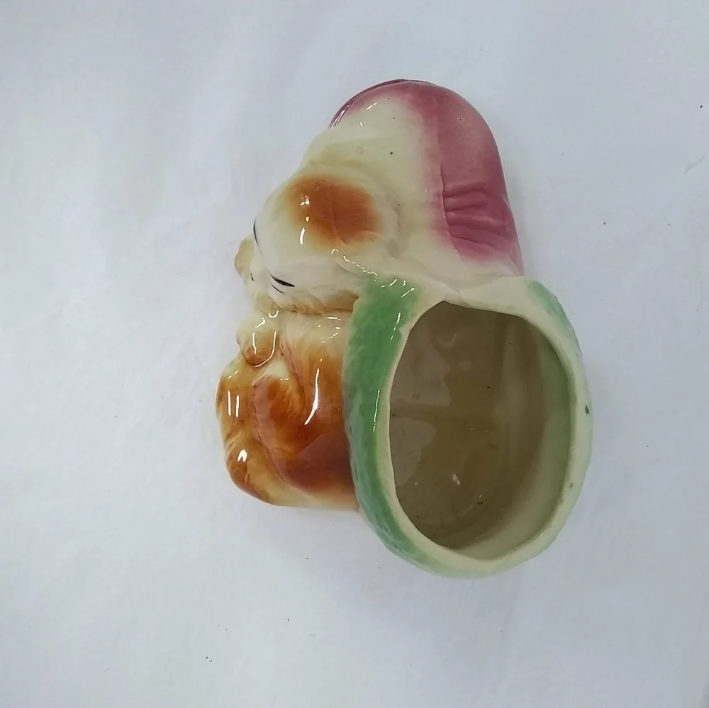 SLEEPING Cat On Shoe Boot Vase Porcelain Ceramic Flower Planter Pink Green Ivory